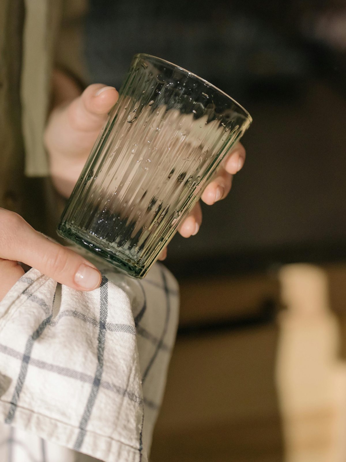 Hard water spots on a drinking glass